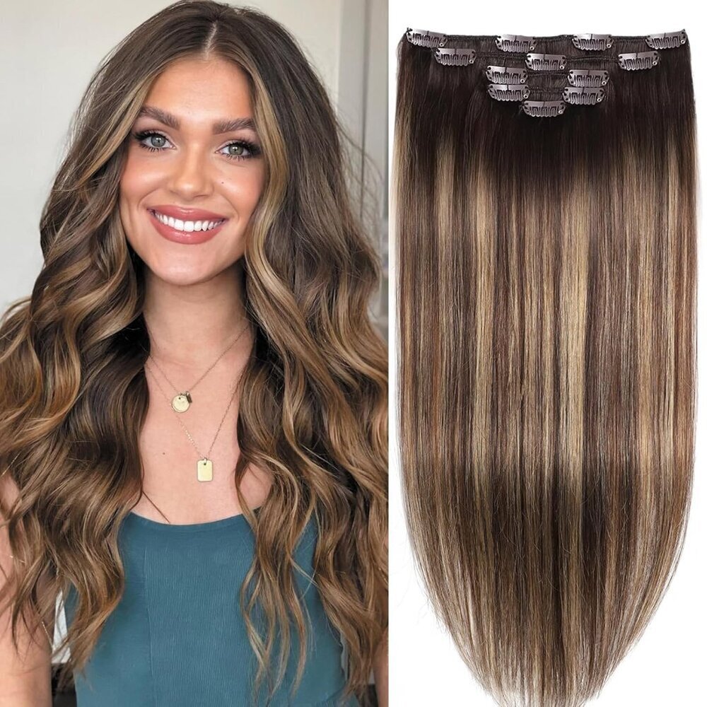 Hair Extensions Human Hair Clip In Straight Remy 16 Inch Brown Blonde